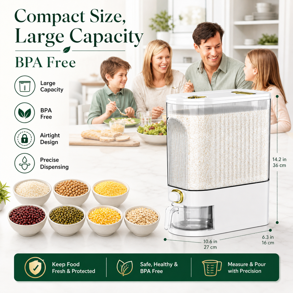 Airtight Rice Dispenser 5kg/10kg — Pantry Storage Container with Measuring Cup & Time Markings