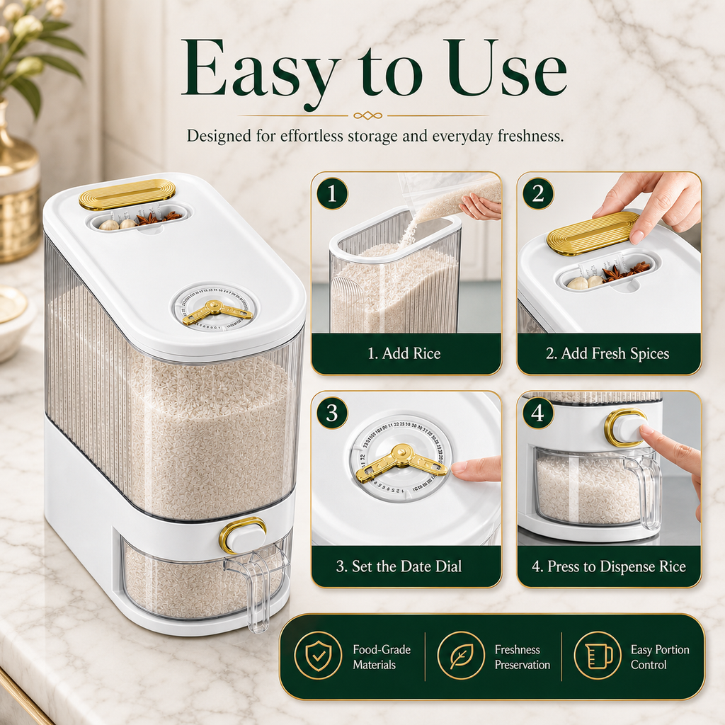 Airtight Rice Dispenser 5kg/10kg — Pantry Storage Container with Measuring Cup & Time Markings