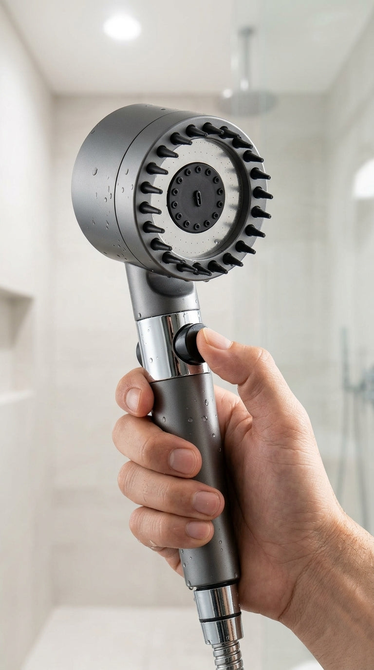 Turbo shower head in use in bathroom