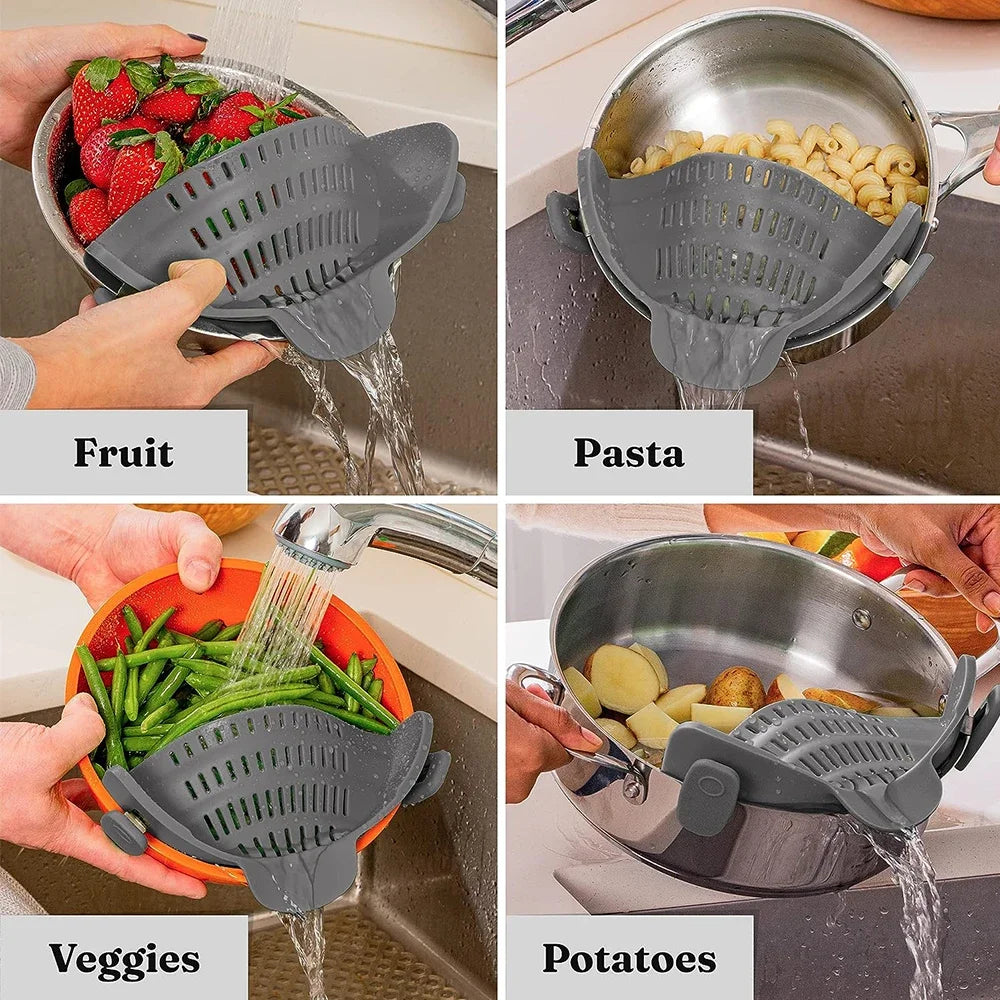 Pot strainer draining fruit, pasta, veggies and potatoes