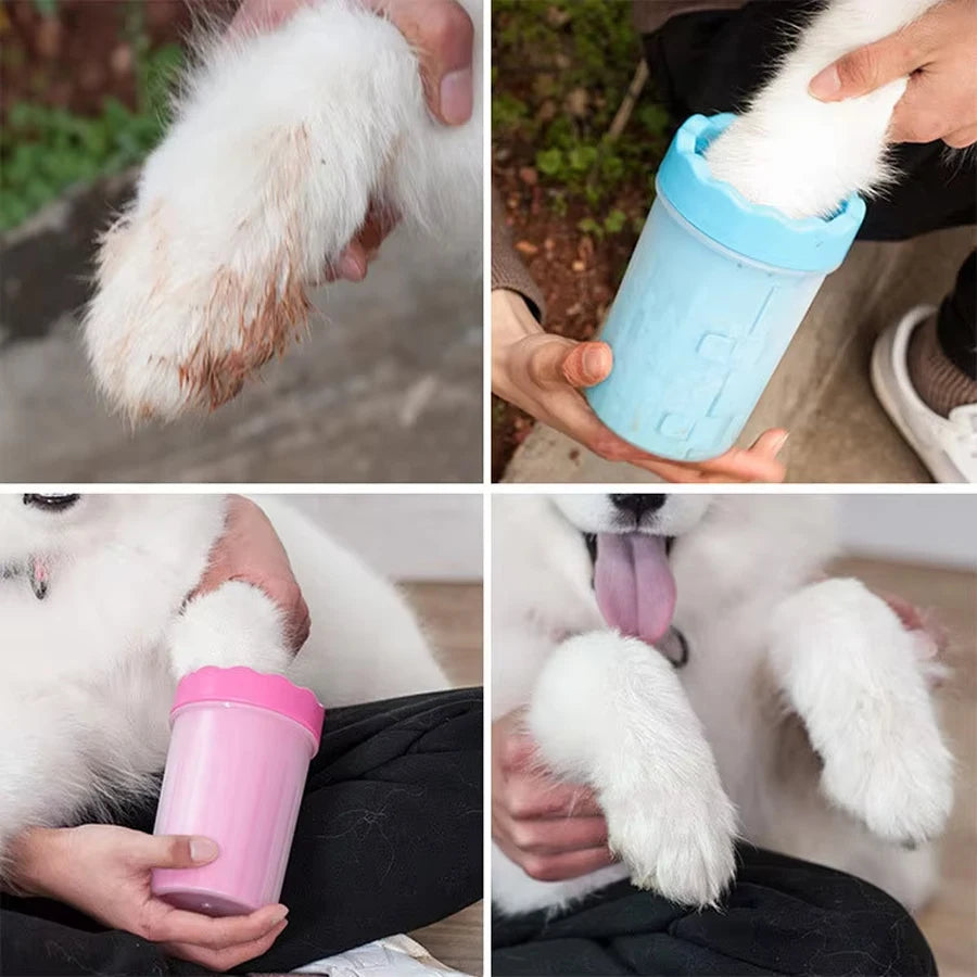 Before and after: a muddy dog paw cleaned in the paw washer cup