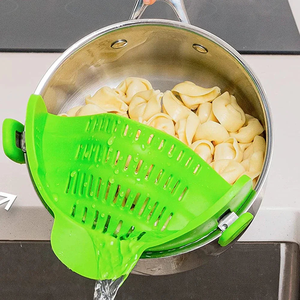 Green clip-on pot strainer on a pot
