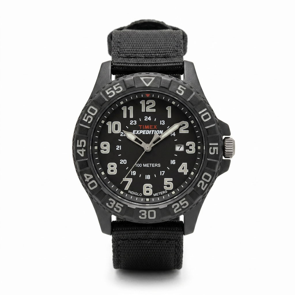 Reloj tactico Timex Expedition negro - vista frontal del dial con marca