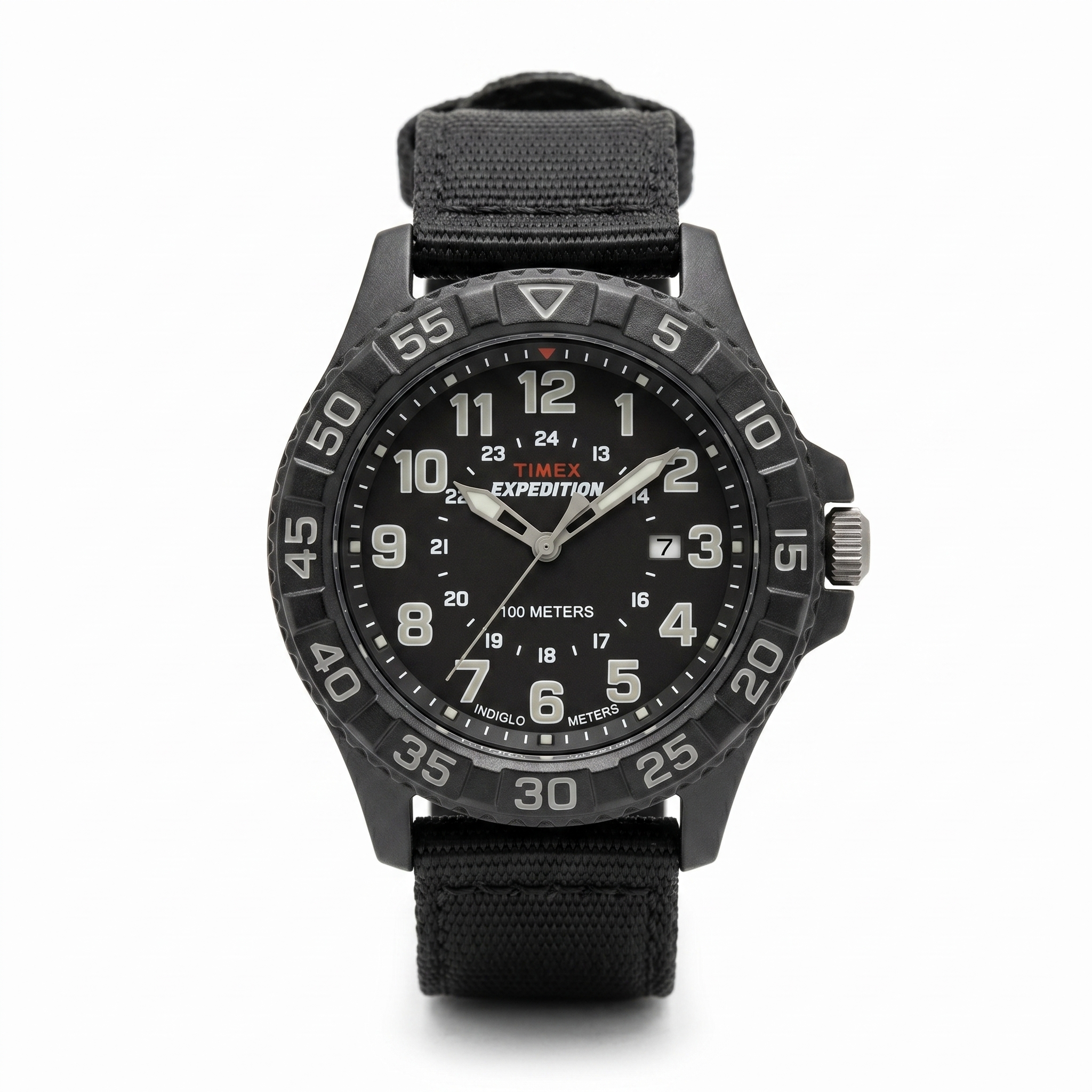 Reloj tactico Timex Expedition negro - vista frontal del dial con marca