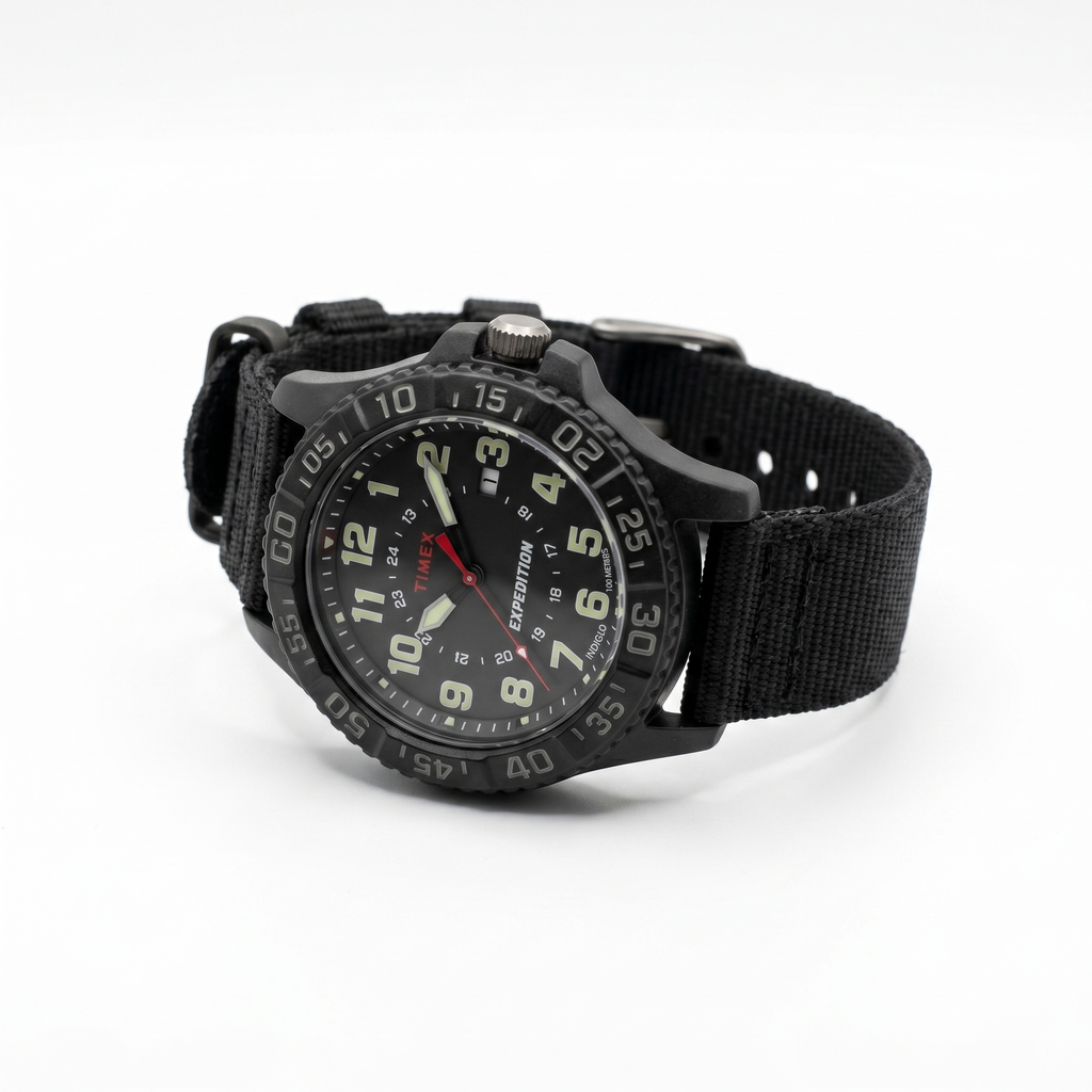 Reloj tactico Timex Expedition - vista tres cuartos con correa de nylon