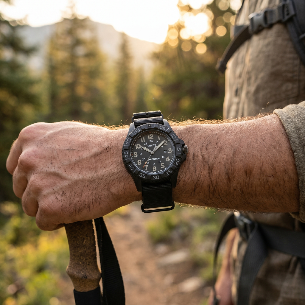 Reloj tactico Timex Expedition en la muneca al aire libre