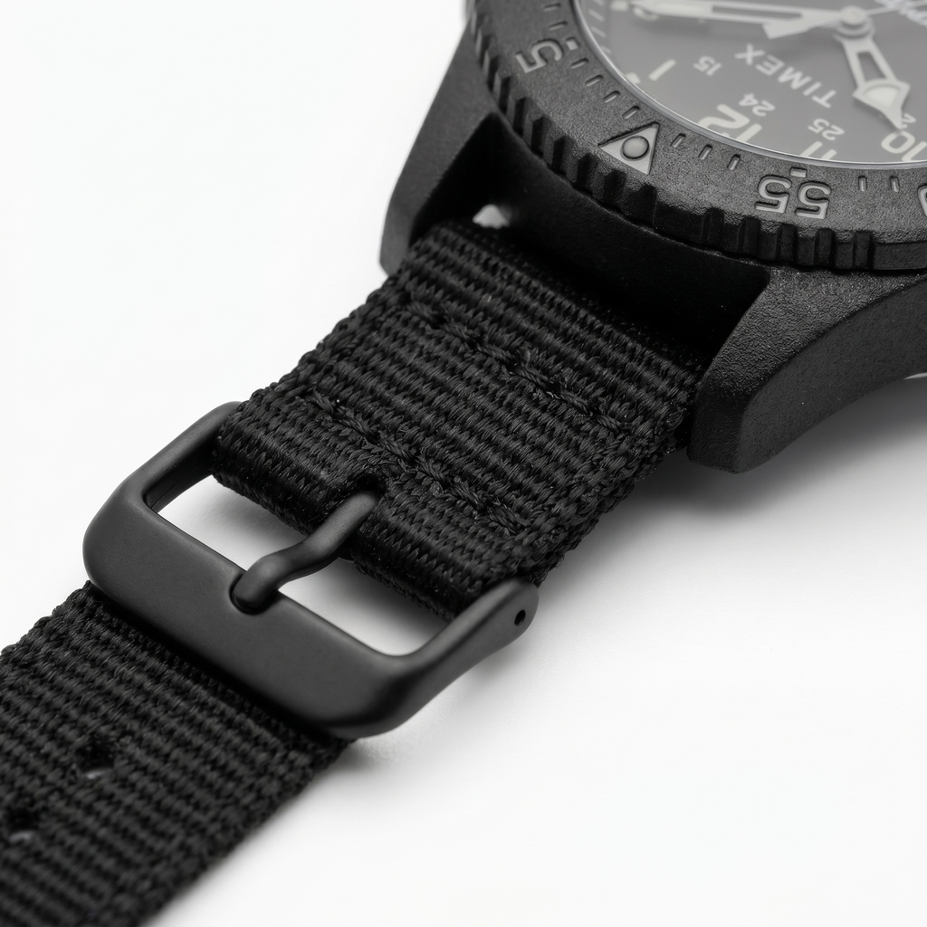 Detalle de la correa de nylon negra y hebilla del Timex Expedition