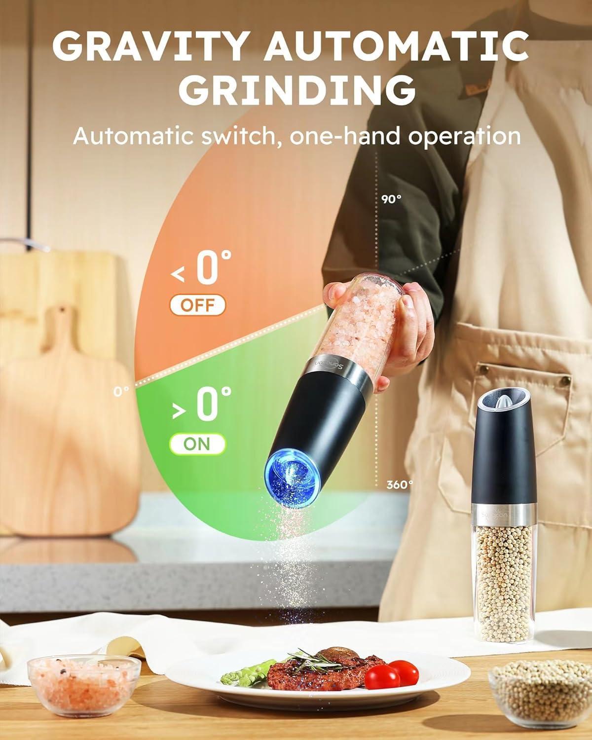 Molinillo Eléctrico de Sal y Pimienta por Gravedad (Set 2) — Automático 1 Mano, Luz LED, Ajustable