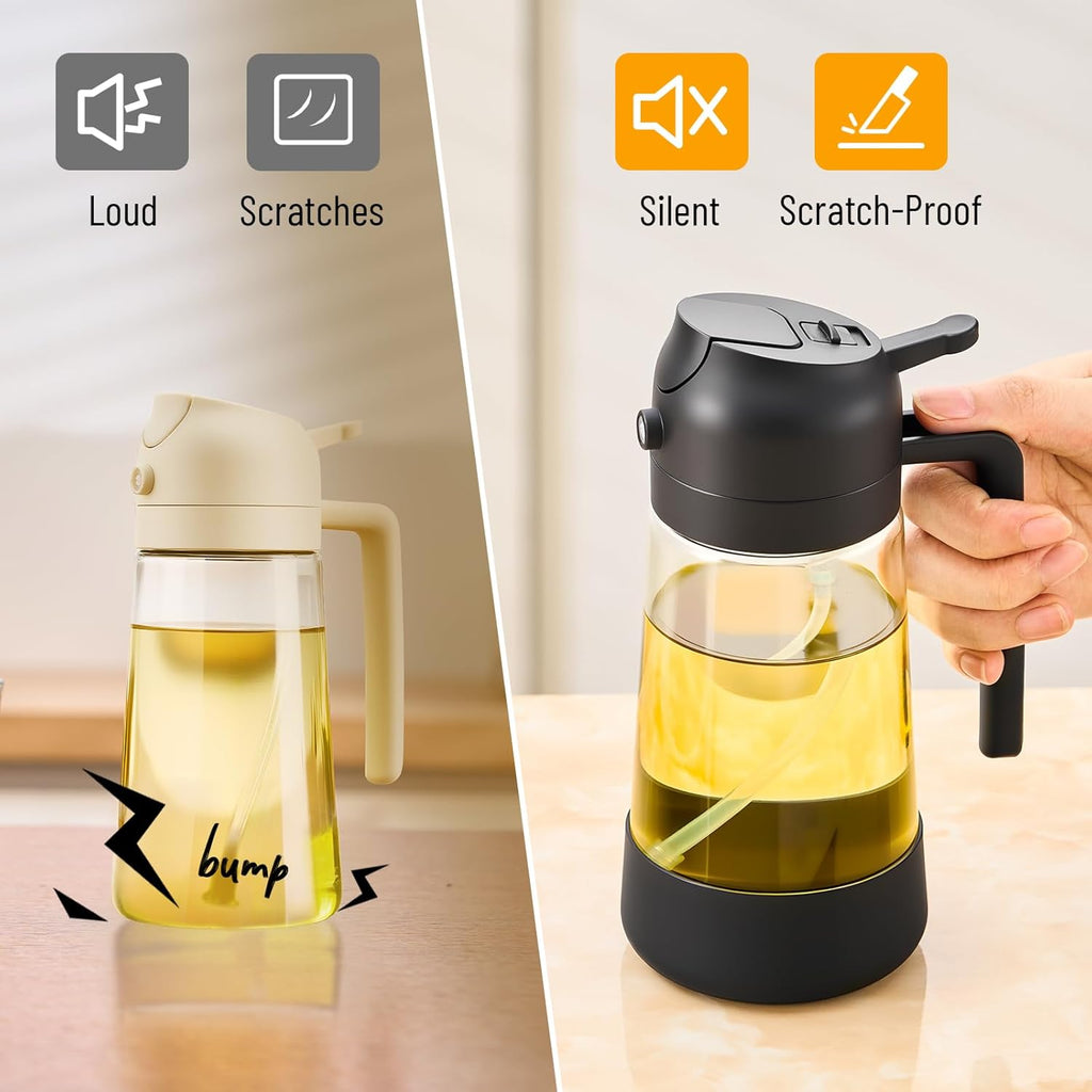 Oil Dipenser Bottle with Silicone Bottom, 2 in 1 Olive Oil Sprayer and Dispenser, Oil Spray Bottle 470ML/ 16OZ for Cooking, Kitchen, BBQ, Air Fryer, Salad, Baking(1Pc Black)