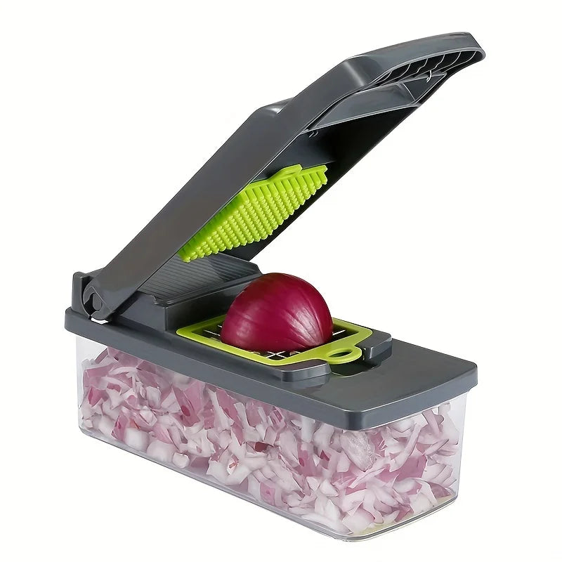 14-in-1 Manual Vegetable Chopper with 900ml Container | Onion Dicer, Garlic Press, Stainless Steel Blades & Tearless BPA-Free Bowl