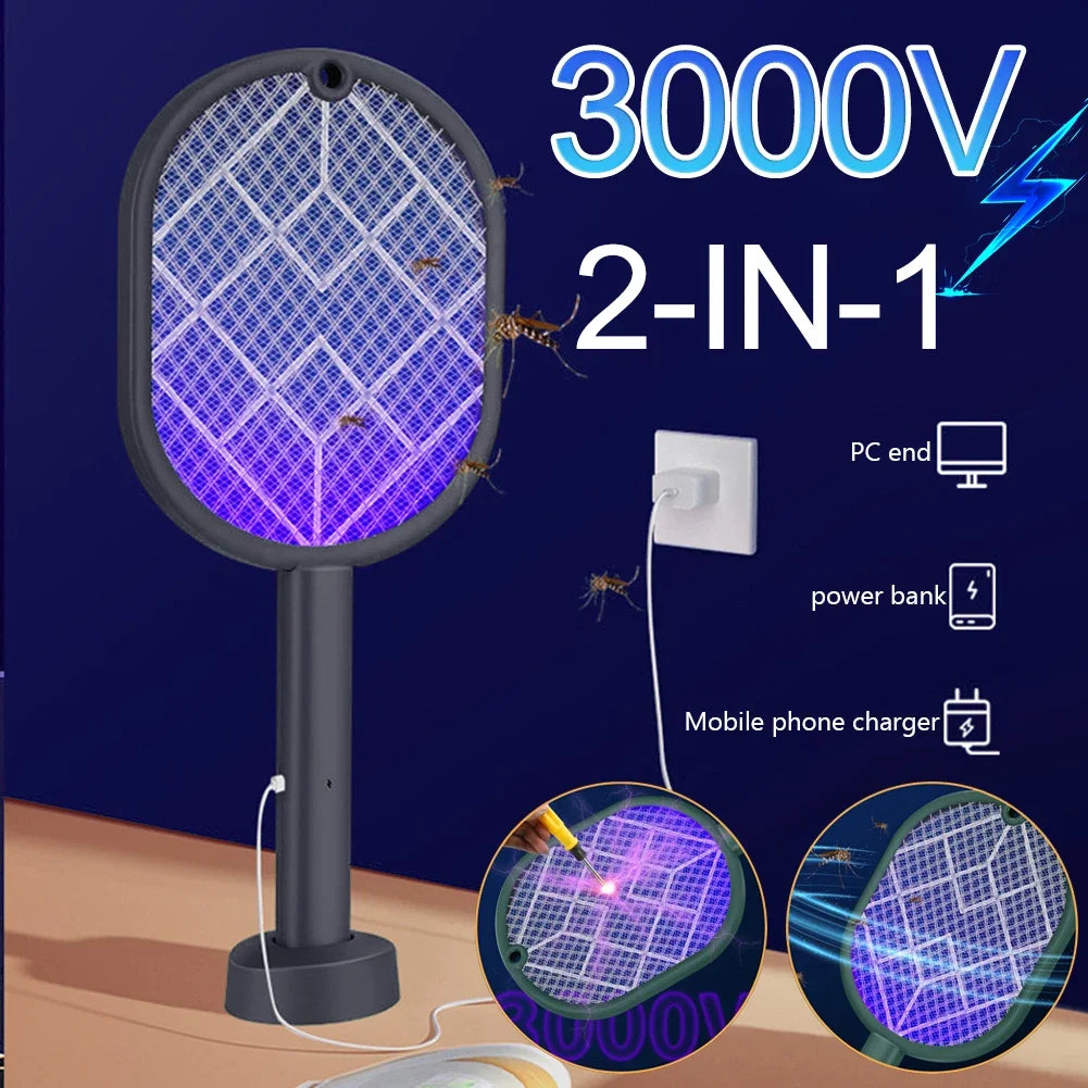 Electric Mosquito Killer 2-In-1 Fly Swatter Trap Electric Mosquito Swatter USB Rechargeable Mosquito Racket Fly Zapper for Home