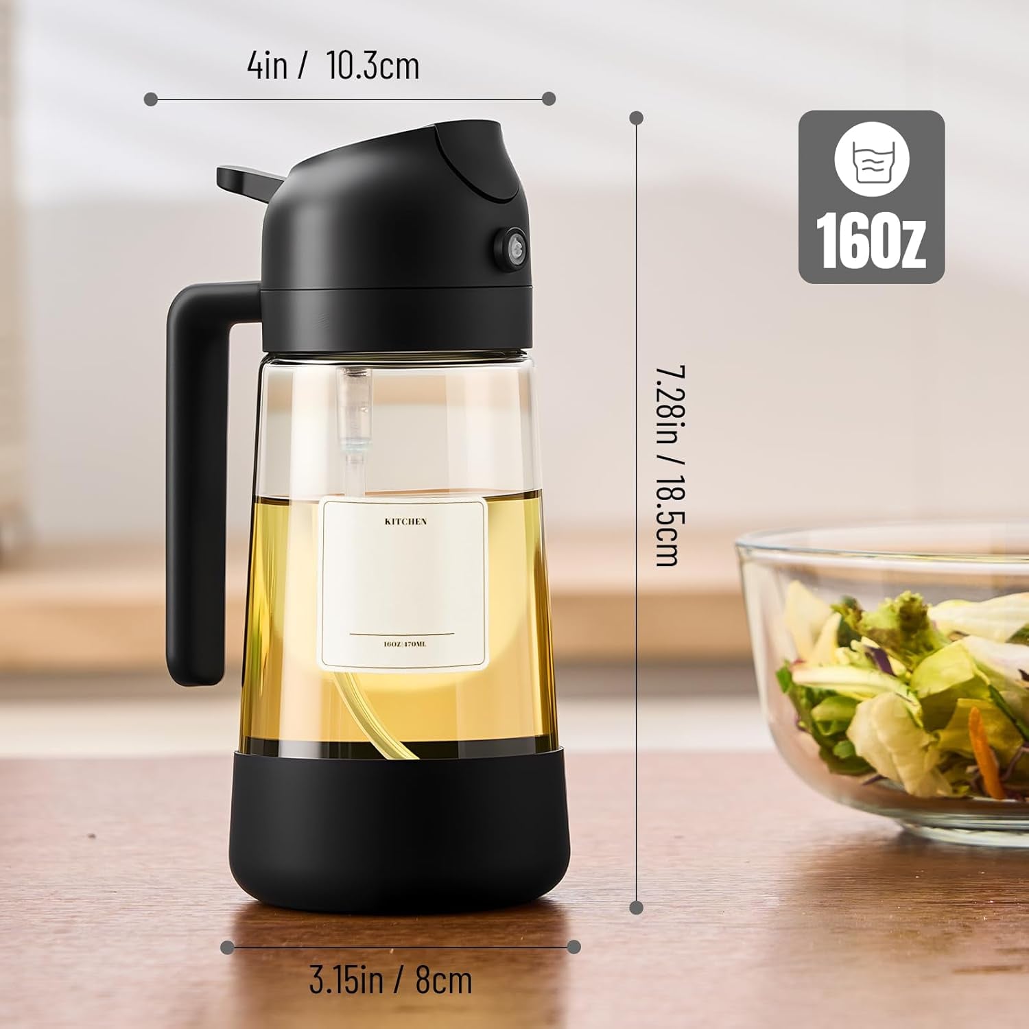 Oil Dipenser Bottle with Silicone Bottom, 2 in 1 Olive Oil Sprayer and Dispenser, Oil Spray Bottle 470ML/ 16OZ for Cooking, Kitchen, BBQ, Air Fryer, Salad, Baking(1Pc Black)