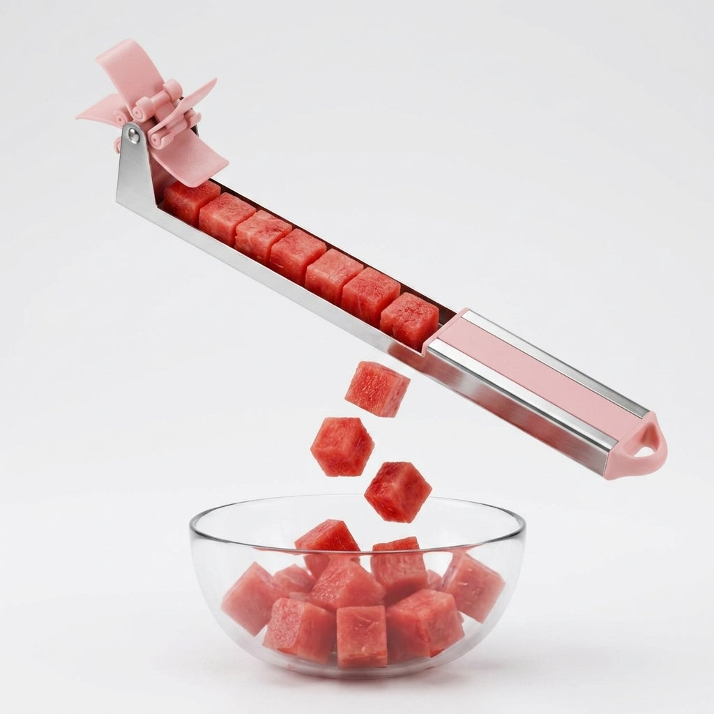 Perfect watermelon cubes falling from the windmill slicer into a glass bowl