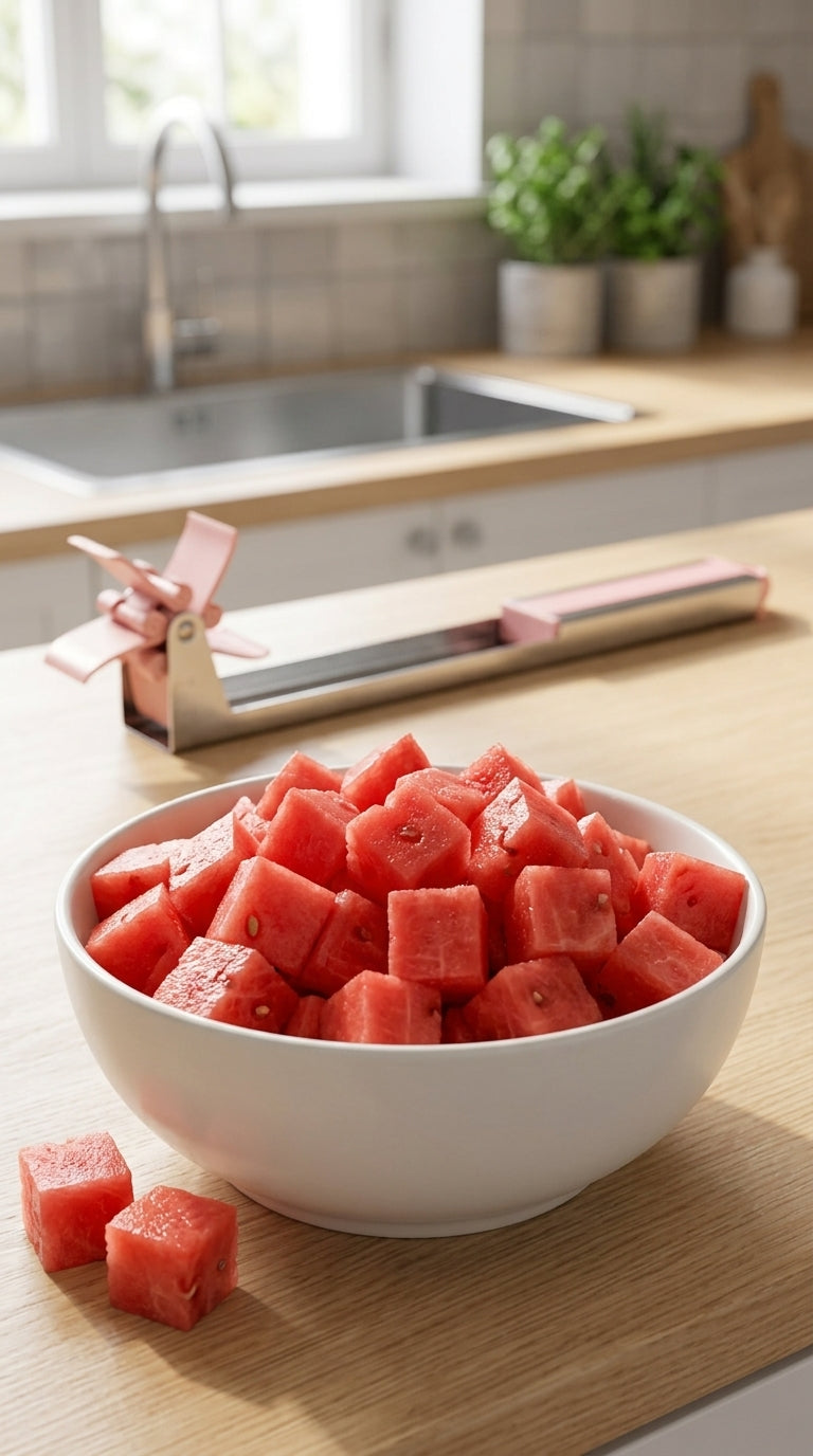 Bowl of fresh watermelon cubes cut with the windmill slicer