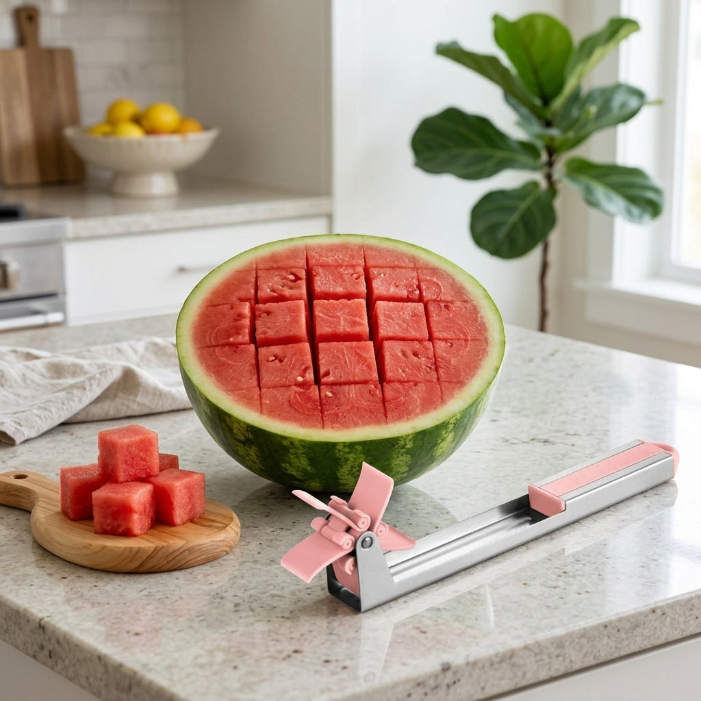 Watermelon cut into uniform cubes next to the windmill slicer
