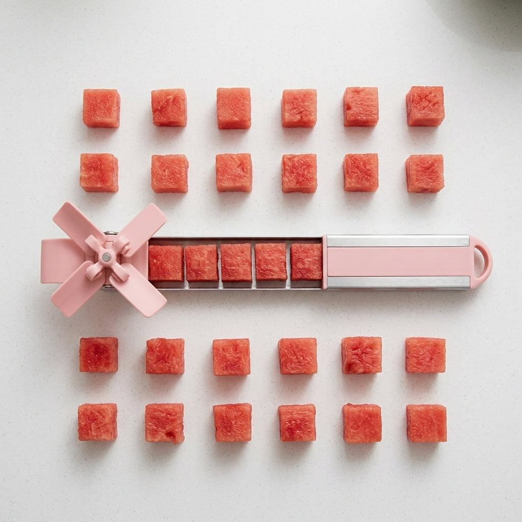 Uniform watermelon cubes lined up with the windmill slicer