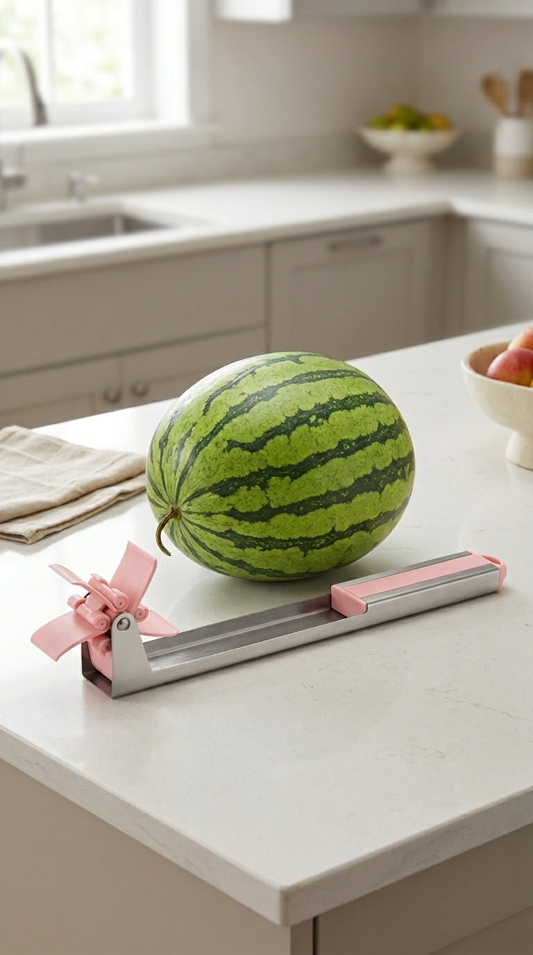 Windmill watermelon slicer next to a whole watermelon on the counter