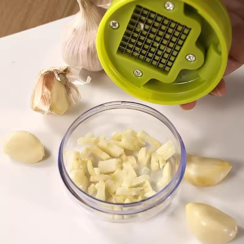 Mini Garlic Chopper and Press with Container,  Manual Garlic Mincer Crusher Cutter Grinder, Stainless Steel Blades, Handheld Garlic Slicer Dicer Zoom Tool – Green