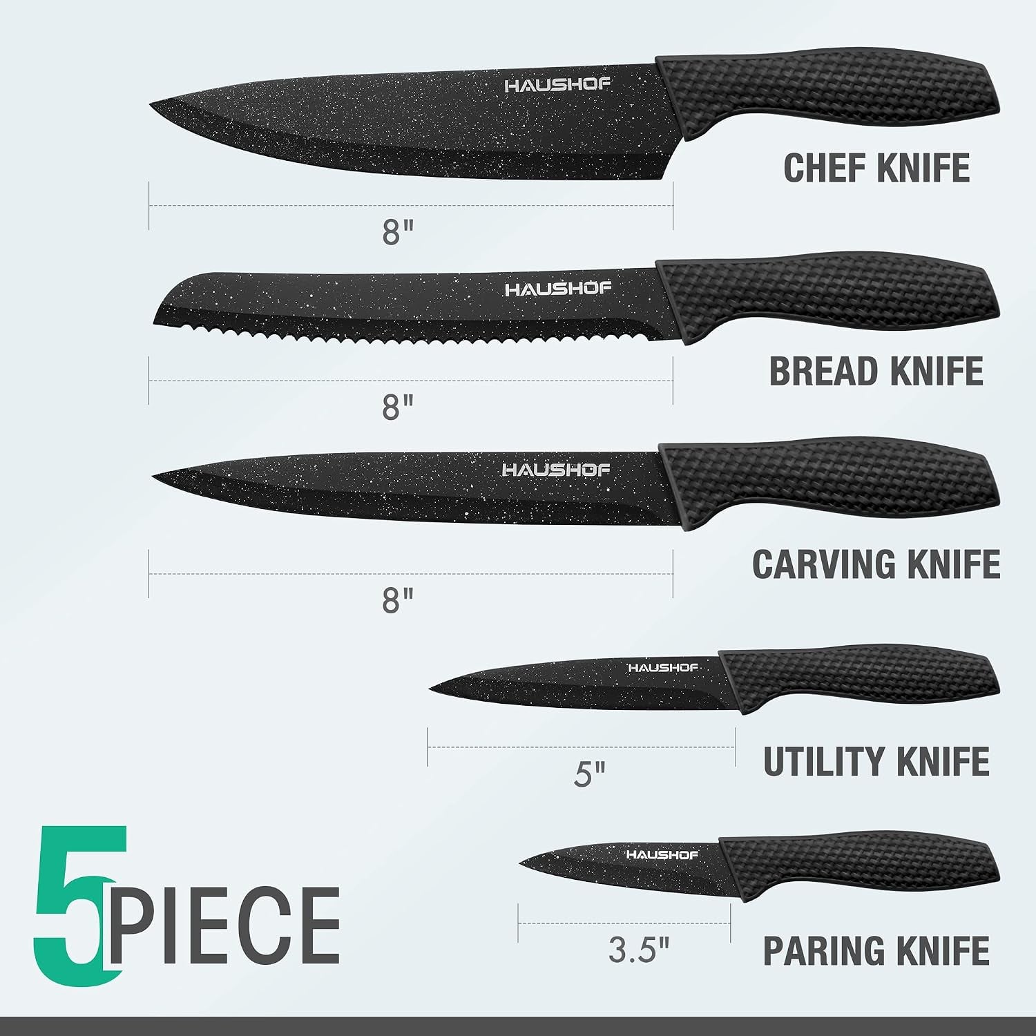 Kitchen Knife Set, 5 PCS Knife Sets with Arcylic Block, Teflon Coated Black Knives Set for Kitchen, Premium Stainless Steel Knives Set with Ergonomic Handle, Great for Slicing, Dicing&Cutting