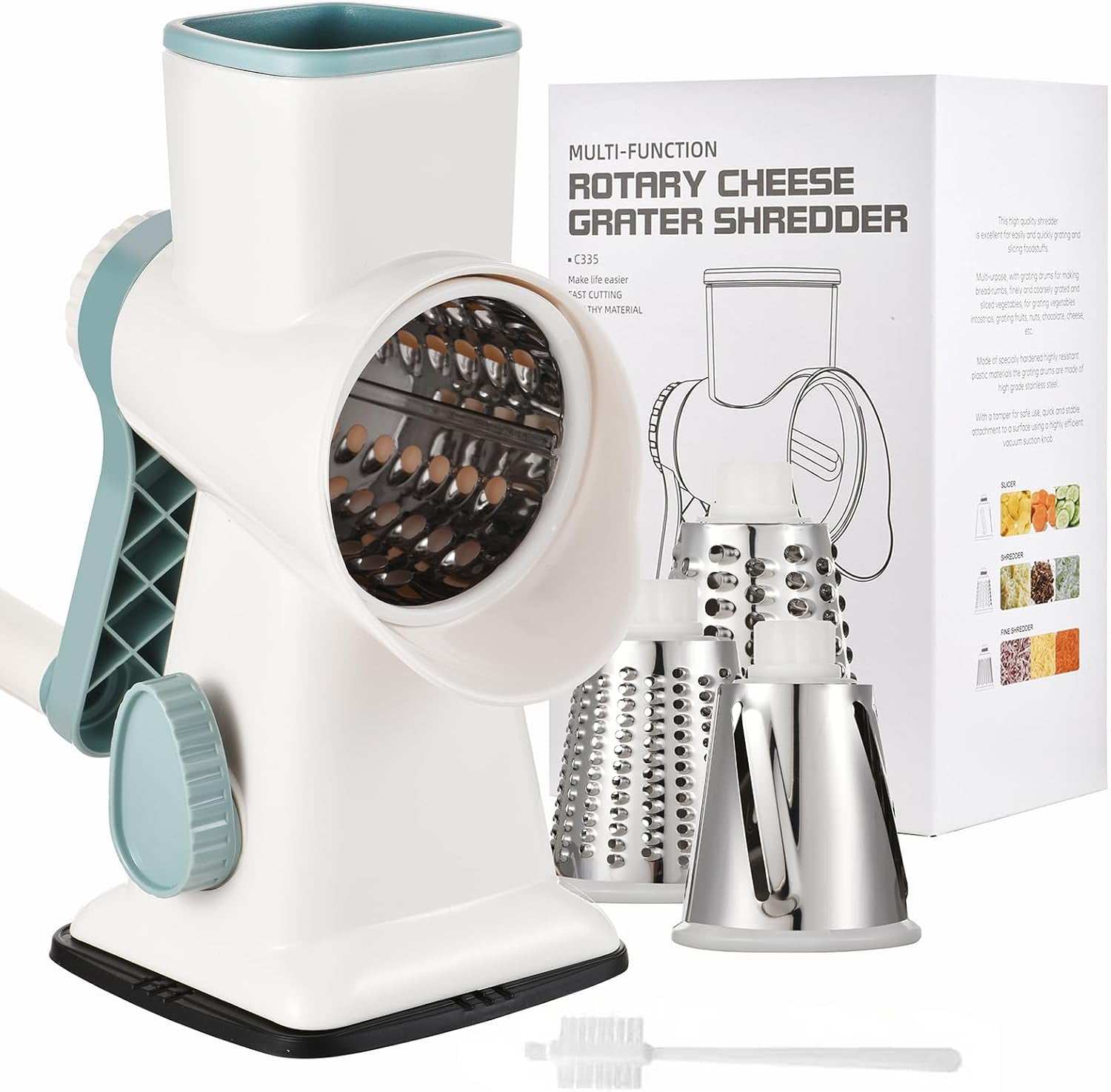 Rotary Cheese Grater Manual Hand Crank 3-In-1 Vegetable Shredde | Finger-Safe Design, Stainless Steel Drums, Suction Base. Perfect for Cheese, Vegetables, Nuts & Chocolate. Easy to Clean