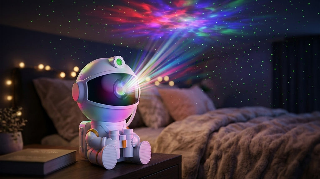 Astronaut galaxy projector projecting nebula in bedroom