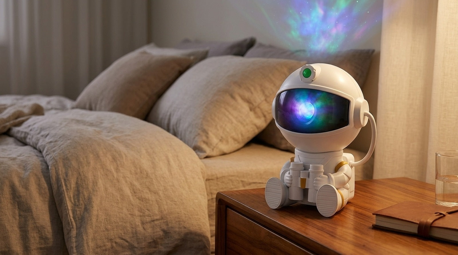 Astronaut projector on nightstand glowing
