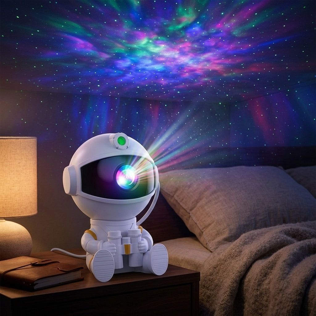 Galaxy nebula projected on wall by astronaut projector