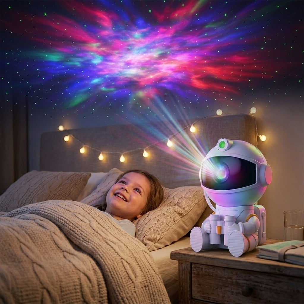 Child looking at galaxy ceiling projected by astronaut galaxy projector