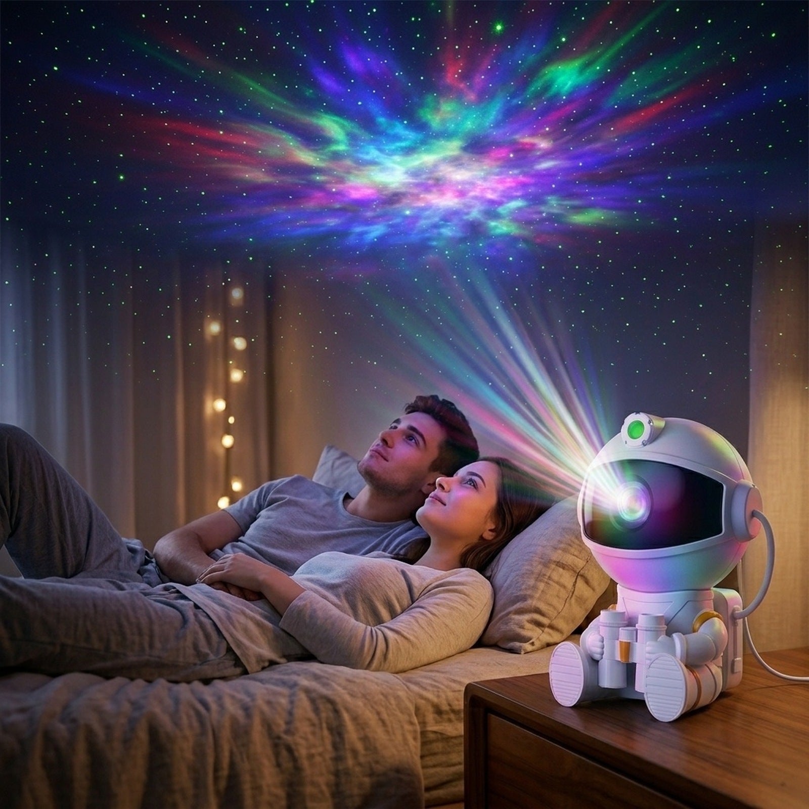 Couple in bed under galaxy projection from astronaut projector
