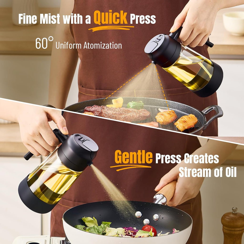 Oil Dipenser Bottle with Silicone Bottom, 2 in 1 Olive Oil Sprayer and Dispenser, Oil Spray Bottle 470ML/ 16OZ for Cooking, Kitchen, BBQ, Air Fryer, Salad, Baking(1Pc Black)