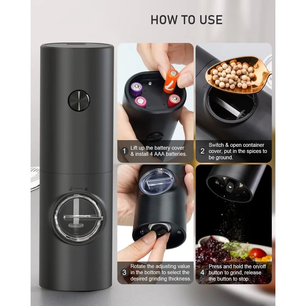 2Pcs Electric Pepper and Salt Grinder Set, Battery Powered Adjustable Coarseness Black Pepper Grinder Mill Kitchen Tools