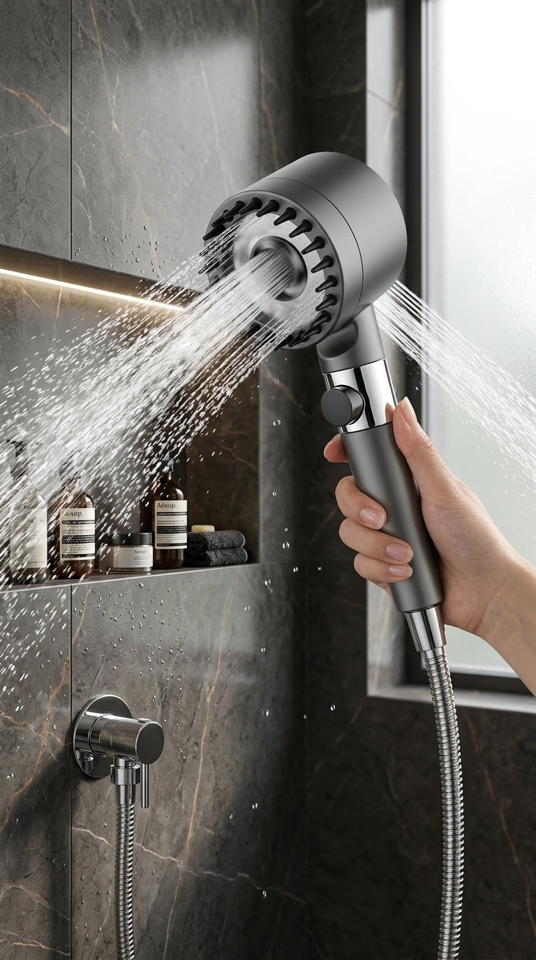 Turbo high-pressure shower head in use in a modern shower
