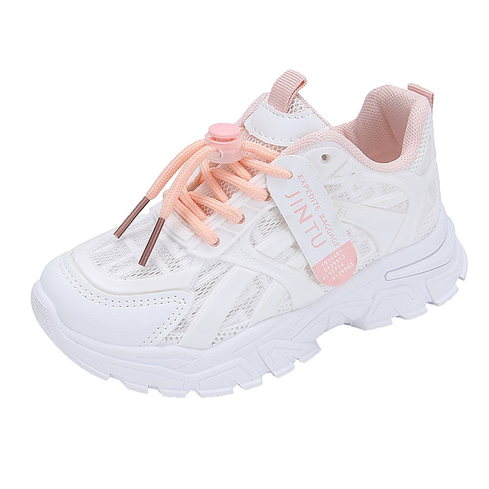 Kids white chunky sneaker - pink accents colorway, side view on white background