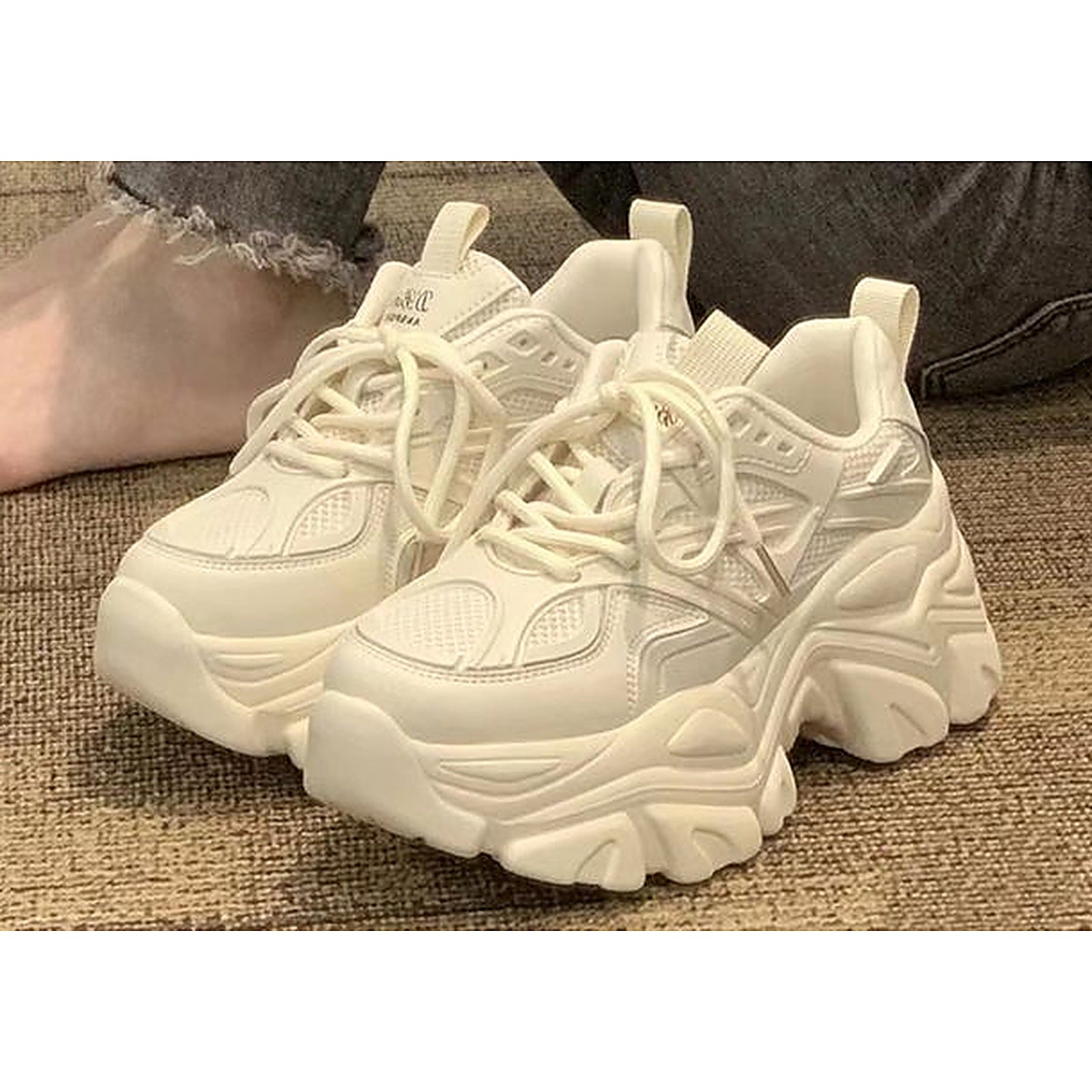 Womens beige chunky platform sneakers - pair, three-quarter view