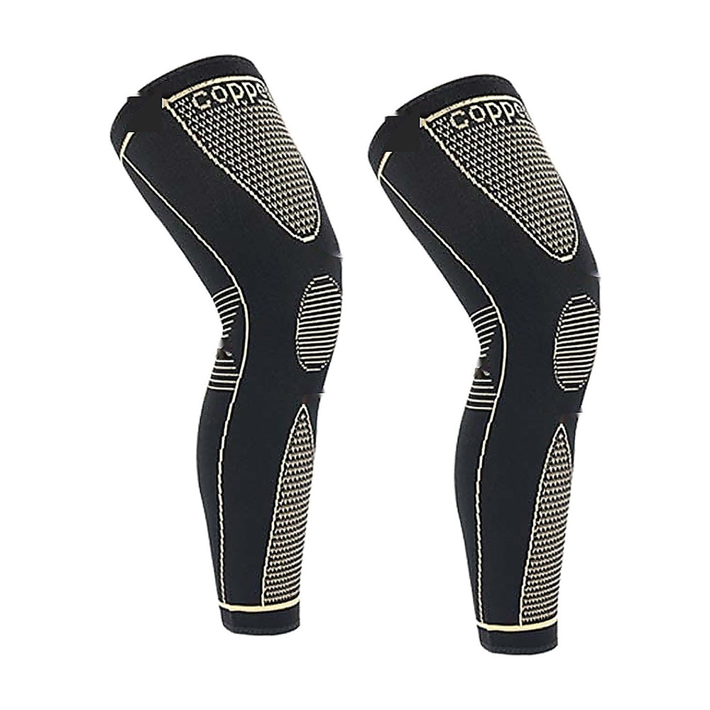 Premium extended copper-tone knit compression sleeves - product pair on white (base v3)