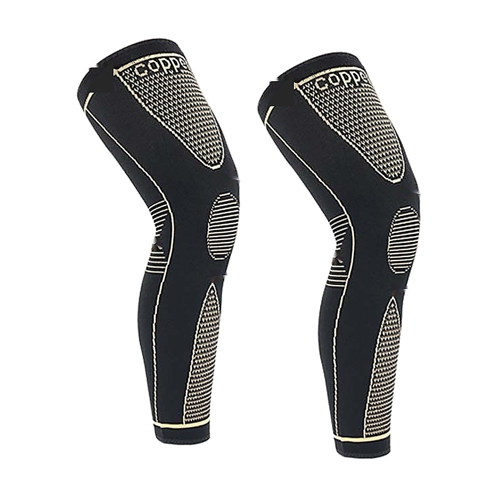 Premium extended copper-tone knit compression sleeves - product pair on white (base v3)