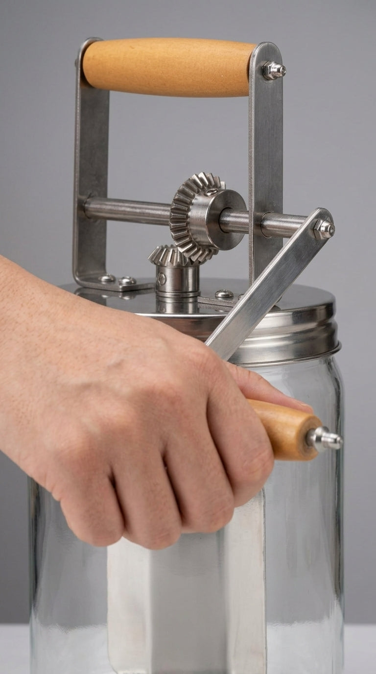 Turning the hand crank of the glass butter churner to make butter