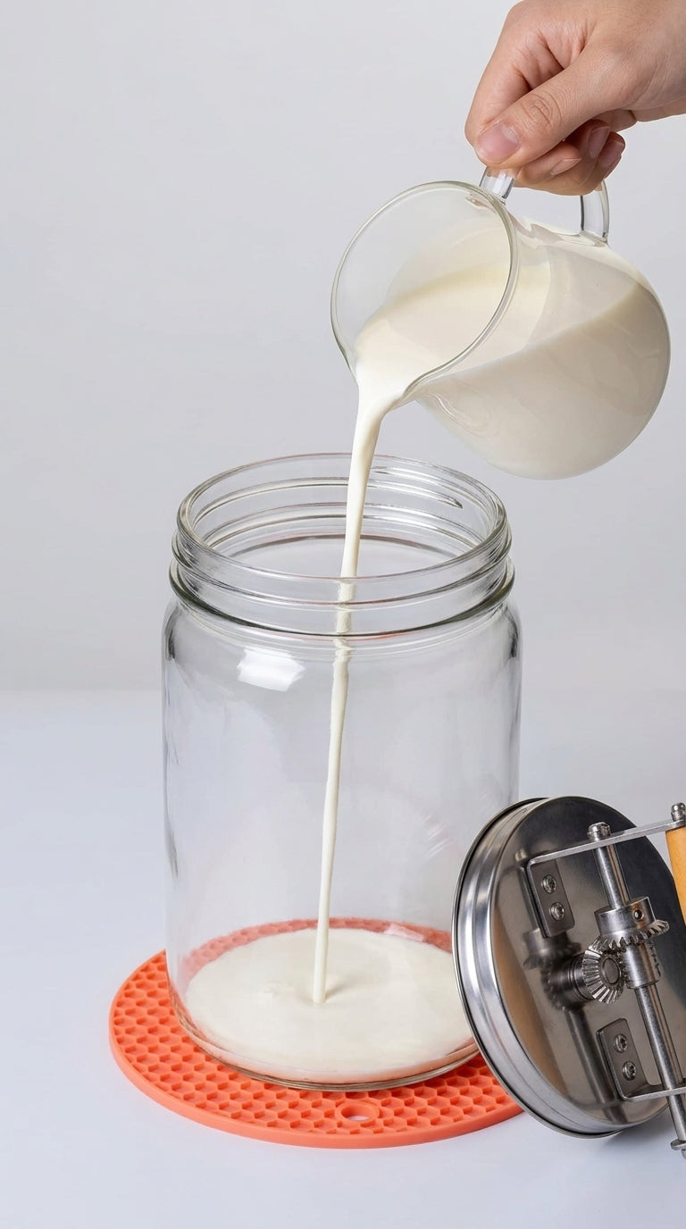 Pouring heavy cream into the glass butter churner jar