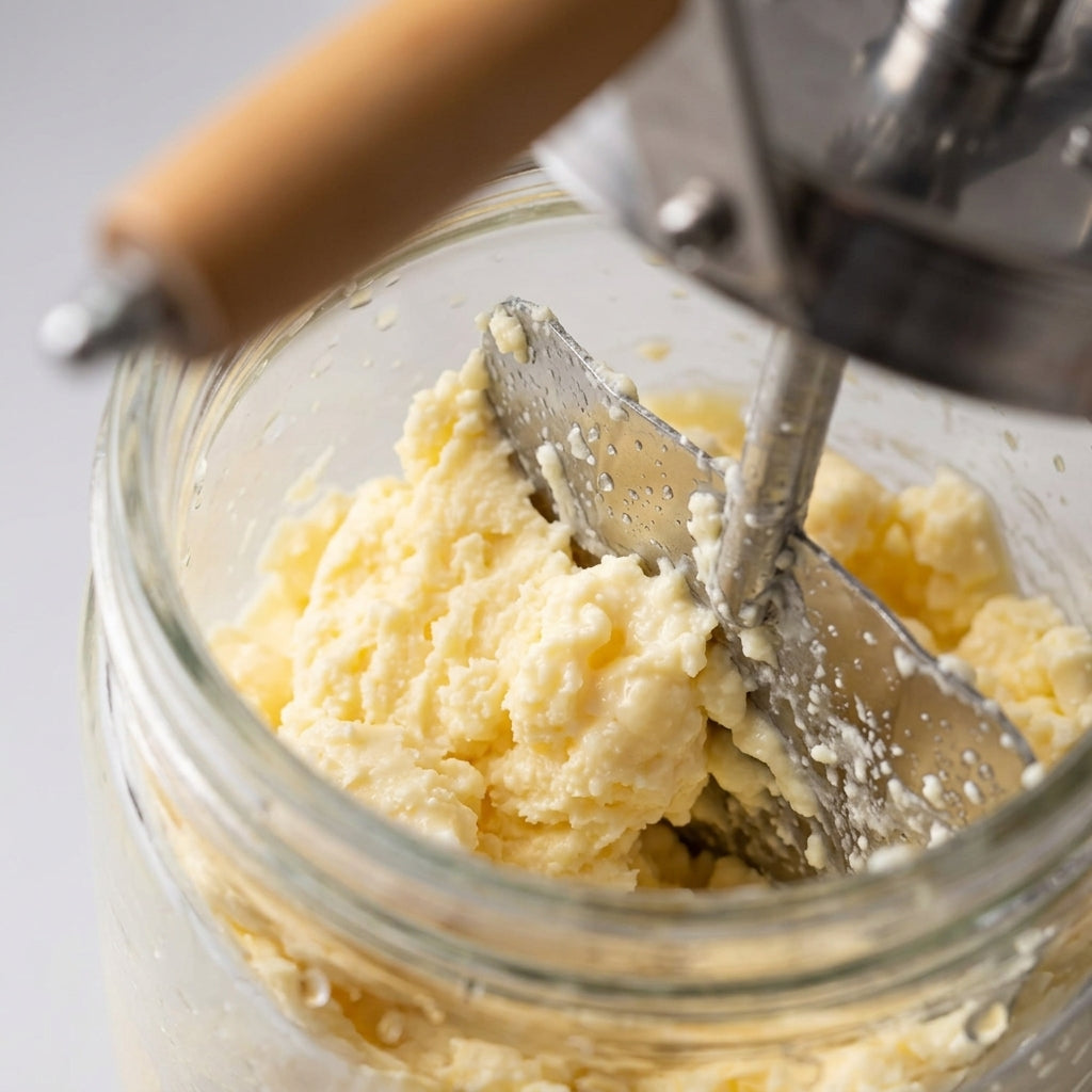 Fresh homemade butter forming inside the glass churner