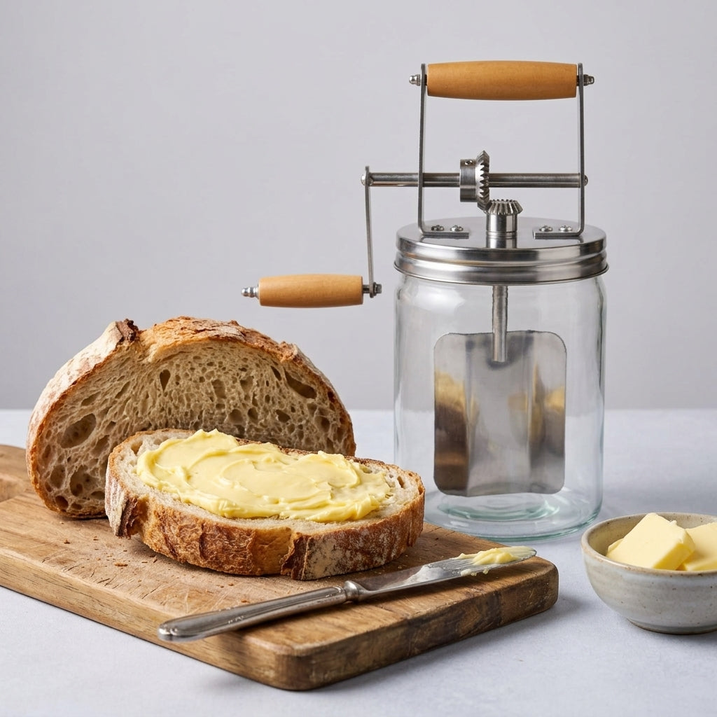 Fresh homemade butter served on bread from the glass churner