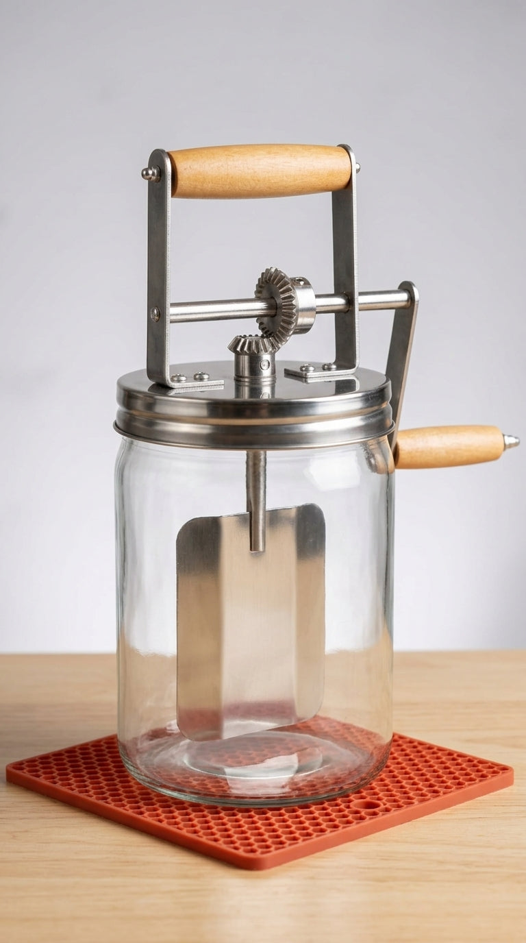 Glass butter churner hand crank full product, clean background
