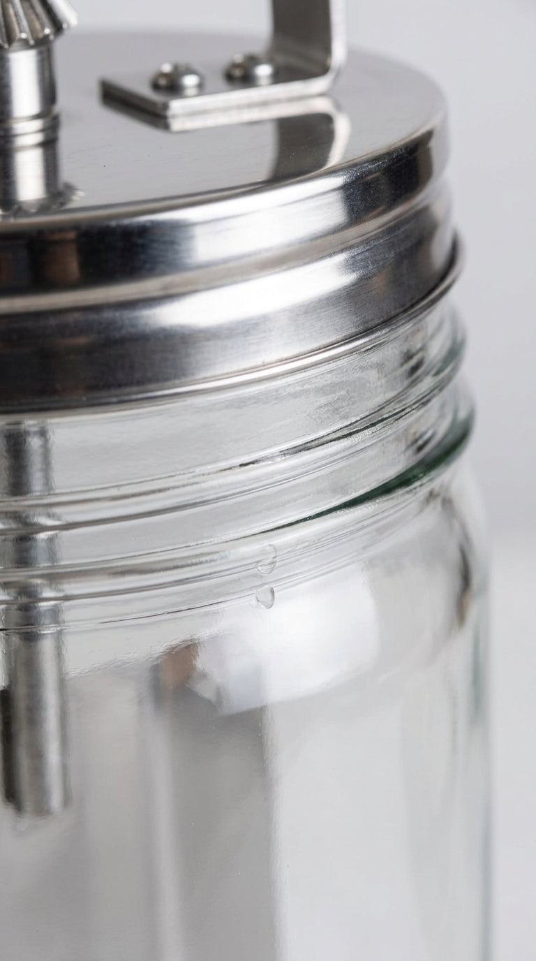 Close-up of the glass jar and screw-on lid of the butter churner