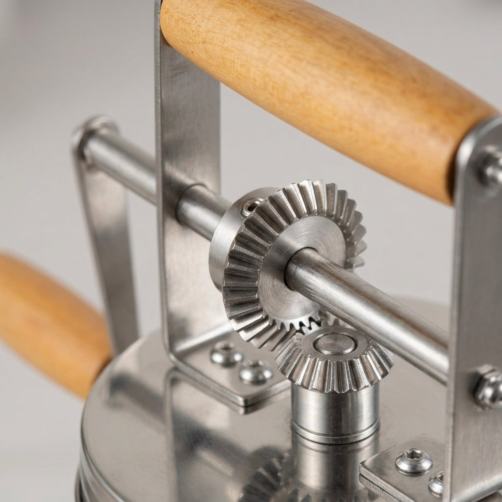 Close-up of the stainless steel gear and wooden crank handle