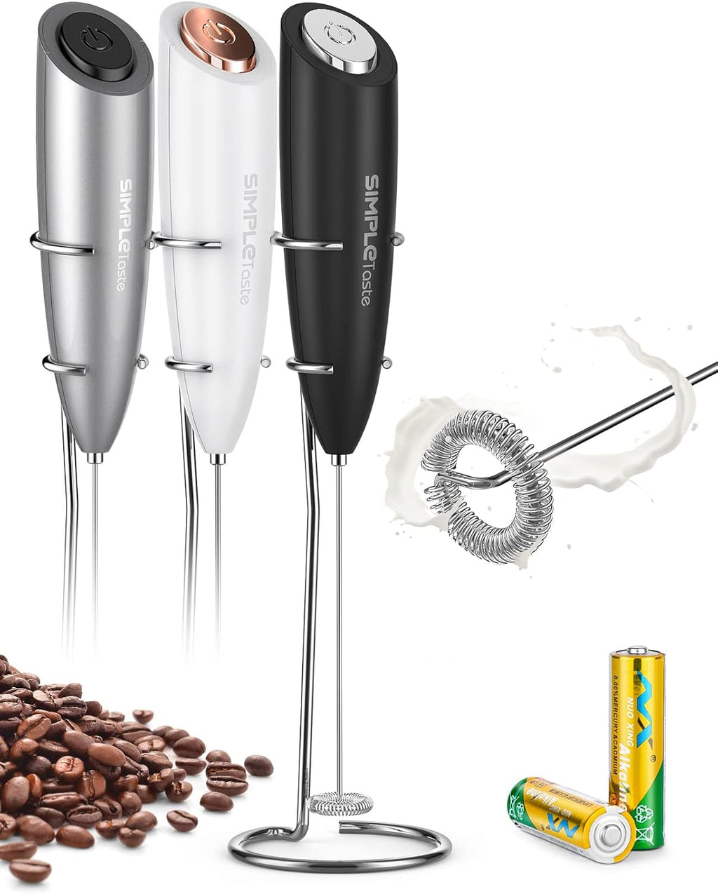 Milk Frother Handheld Electric Foam Maker, Drink Mixer with Stainless Steel Whisk for Cappuccino, Bulletproof Coffee, Latte, Gray, with Stand, Battery Operated