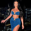 Blue two piece set - bandeau top and high slit maxi skirt with gold-tone hardware