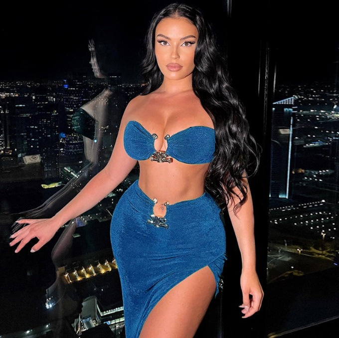 Blue two piece set - bandeau top and high slit maxi skirt with gold-tone hardware