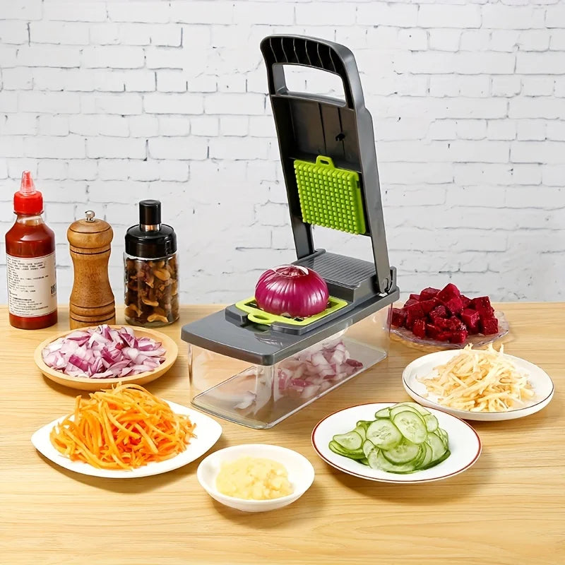 14-in-1 Manual Vegetable Chopper with 900ml Container | Onion Dicer, Garlic Press, Stainless Steel Blades & Tearless BPA-Free Bowl