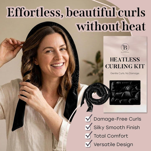 Velvet Heatless Hair Curler for Heatless Curls Overnight – 63" No Heat Curls Overnight Rod with Cap, Clip & Ties, Curling Set without Heat for Easy Hair Curling at Home, Black