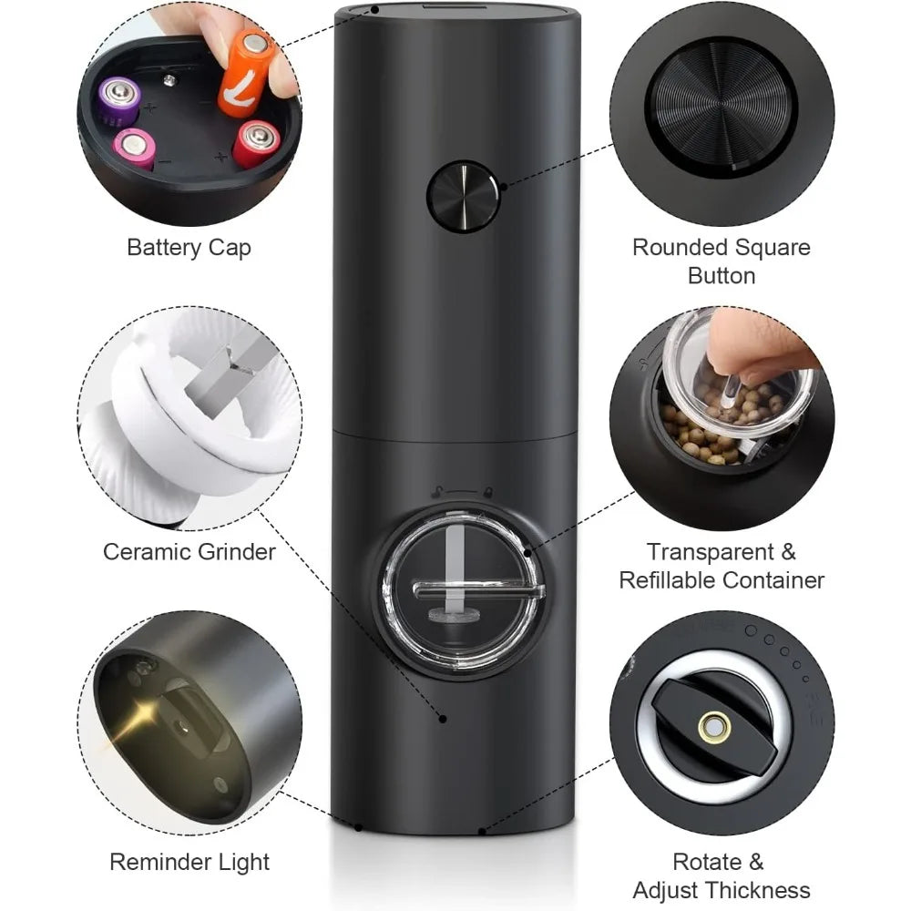2Pcs Electric Pepper and Salt Grinder Set, Battery Powered Adjustable Coarseness Black Pepper Grinder Mill Kitchen Tools