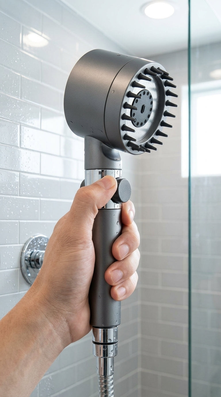 Mano sosteniendo el cabezal turbo bajo la ducha